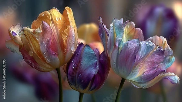 Fototapeta Enchanting Close-Up of Colorful Tulips with Water Droplets