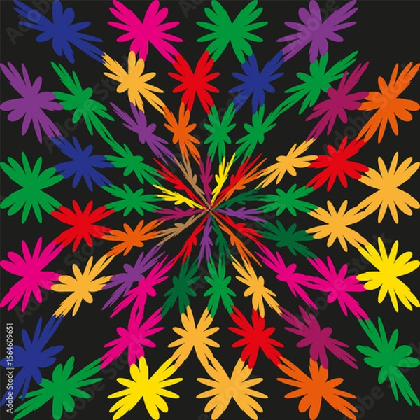 Fototapeta Color burst star. Leaf spike Vector. Rainbow radial art. Black backdrop graphic.