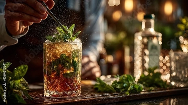 Obraz Professional Bartender Preparing High-End Cocktail with Fresh Mint
