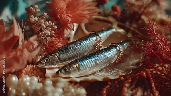 Fototapeta Decorative Sardines with Earrings on a Seashell Display