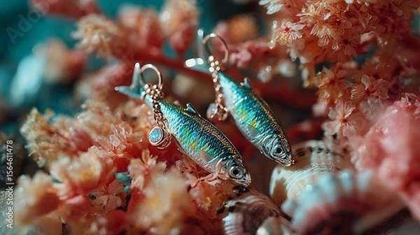 Fototapeta Elegant Sardine Earrings Displayed on Seashell and Coral Background