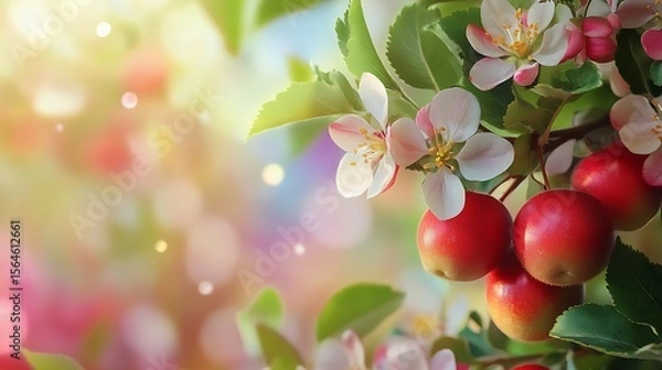 Fototapeta Blossoming crab apple tree branch with red fruit and delicate flowers
