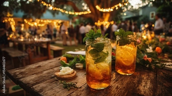 Fototapeta Whimsical Garden Party with Guests Enjoying Refreshing Mint Juleps