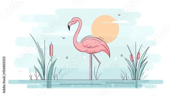 Fototapeta Flamingo in a serene waterside setting