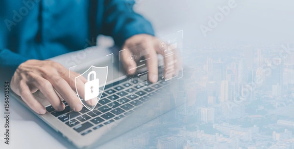 Fototapeta laptop shows the icon lock shield for cybersecurity. concept of secure privacy data, protect cybercrime attacks. security of information servers and network systems. password safe for business