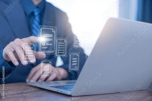 Fototapeta manage document electronic files on the computer, and online cloud storage. concept of digital file database management, technology paperless, folder document information. backup system and organize