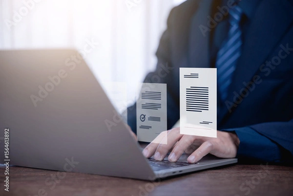 Fototapeta manage document electronic files on the computer, and online cloud storage. concept of digital file database management, technology paperless, folder document information. backup system and organize