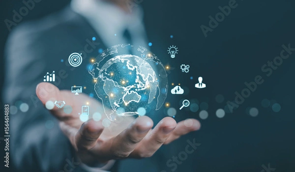 Fototapeta hand shows the globe of digital marketing. concept business tech international market. global internet connection big data digital link business technology. Financial, internet banking