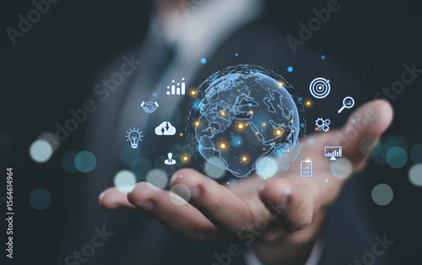 Fototapeta hand shows the globe of digital marketing. concept business tech international market. global internet connection big data digital link business technology. Financial, internet banking
