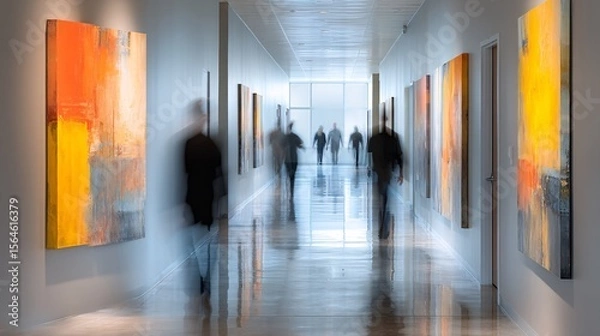 Fototapeta Blurred Figures Walking Through Modern Art Exhibition Hallway
