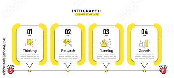 Fototapeta Business infographic template. 4 Step timeline journey. Process diagram, 4 options on white background, Infograph elements, technology,  education, modern vector illustration.	

