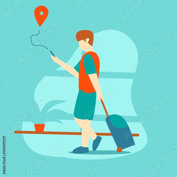 Fototapeta A man walking and using a map for navigation. Flat design illustration, suitable for travel, adventure, exploration, and tourism themes.