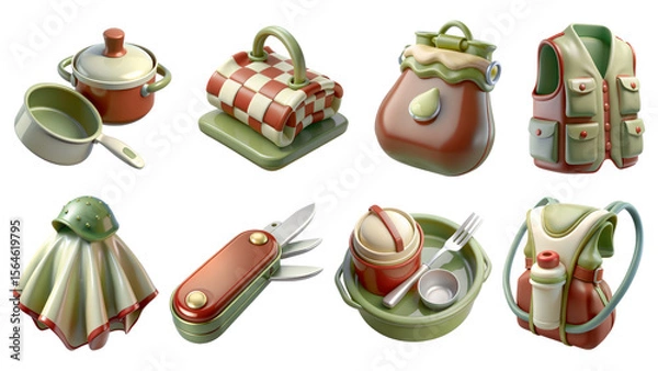 Obraz camping 3D icon set Cooking utensils and camping gear arranged in a grid layout.