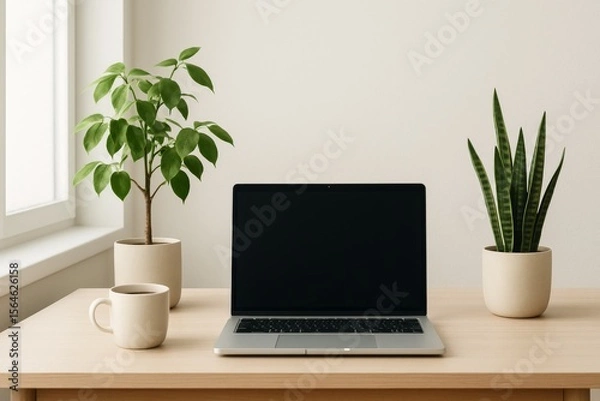 Fototapeta Minimalist home office setup with a laptop, coffee cup, and indoor plants. Clean workspace with a simple background