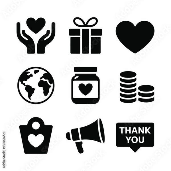 Fototapeta Nine Black Glyph Icons Representing Charity Donation Giving Global Help Thank You vector