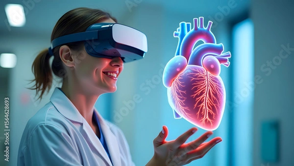 Fototapeta Ultra Realistic 4K Image of Doctor Viewing 3D Heart Model via AR Headset During Remote Consultation