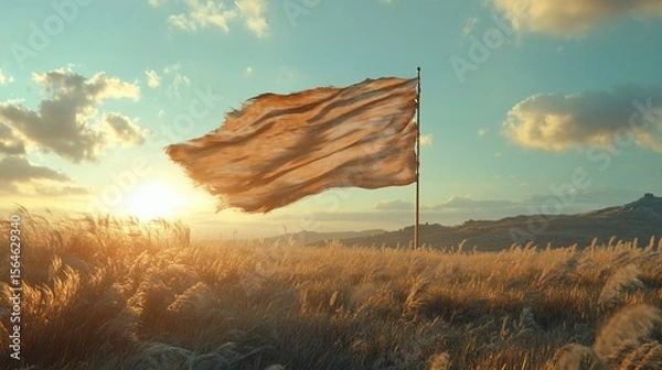 Obraz Worn Flag Overlooking Field at Sunset, Symbolizing Resilience and Freedom