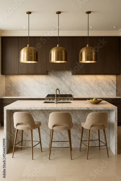 Fototapeta Luxury open-plan kitchen with a marble countertop, three pendant lights, and beige bar stools. Dark wooden cabinets