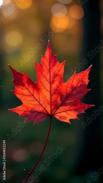 Obraz Autumn leaf in vibrant red color against a blurred background of trees during the sunset