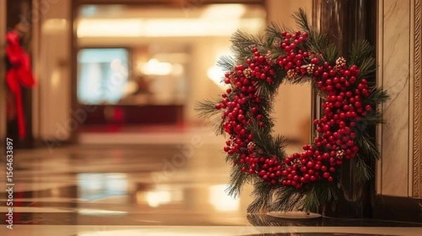 Obraz Festive Christmas wreath adorns a column in a grand hotel lobby, creating a holiday atmosphere.