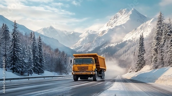 Obraz Yellow dump truck driving on a road in a snowy mountain landscape with pine trees.