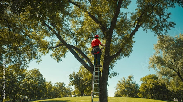 Fototapeta Arborist in climbing gear trims trees in a park. The worker is focused on cutting branches while secured with ropes. Green leaves surround the scene.
