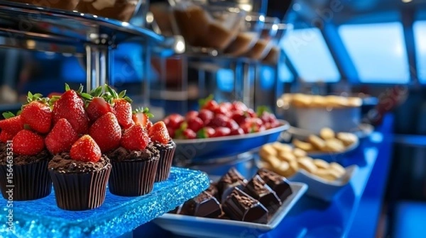 Obraz Tempting dessert buffet featuring chocolate cupcakes and fresh strawberries invites indulgence