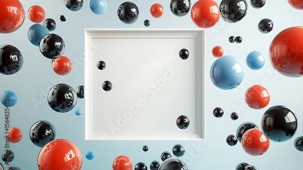Obraz Vibrant spheres float around a white frame against soft blue for a modern concept.