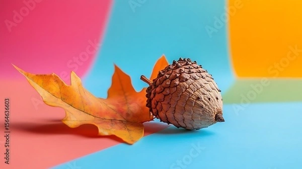 Obraz Autumnal still life features a colorful backdrop, acorn, and vibrant oak leaf, perfect for fall designs.