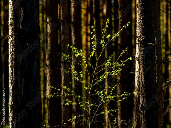 Fototapeta Drzewko zielone w lesie ciemnym