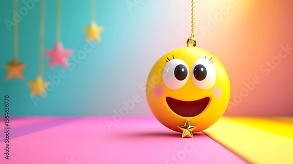 Obraz Cheerful yellow emoticon with happy expression and star accents in a playful setting