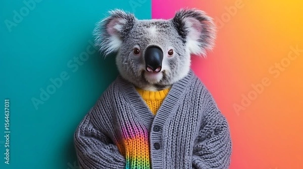 Obraz A cute koala bear dressed in a warm sweater against a colorful background looks adorable