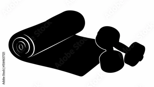 Fototapeta A black and white illustration of a rolled up mat with a pair of dumbbells resting on the side in monochrome