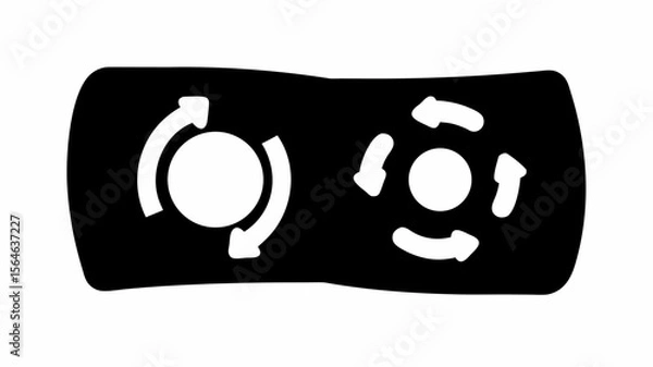 Fototapeta Black rectangle containing two white circles each surrounded by rotational arrows indicating movement