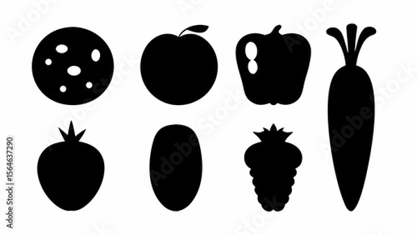 Fototapeta Collection of black silhouette vector illustrations of various fruits and vegetables isolated on white background