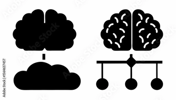 Fototapeta Two brain icons connected to a cloud and a network with three nodes in a black and white design