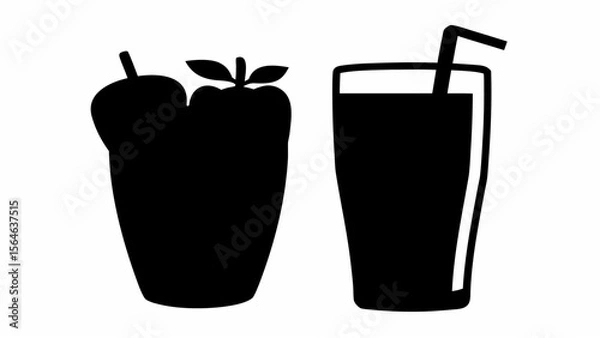 Fototapeta Black silhouettes of two fruit smoothies one with a straw and the other with fruit garnish on top