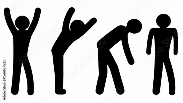Fototapeta Four black stick figures in various poses including arms raised bending over and standing upright posture