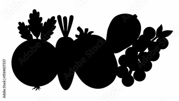 Fototapeta Silhouette illustration of assorted vegetables and fruits including beets carrots and grapes in black