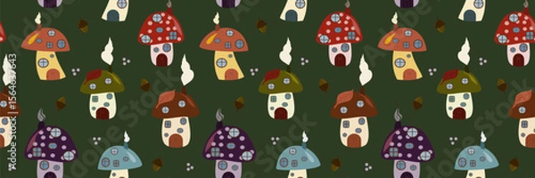 Fototapeta Seamless vector pattern of charming mushroom houses and acorns on a dark green background. Ideal for autumn fabrics, fairy tale decor, and enchanting children's designs.