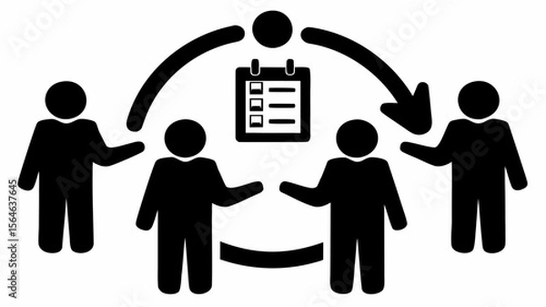 Fototapeta Icon illustration of team collaboration with a checklist and circular workflow in black and white style
