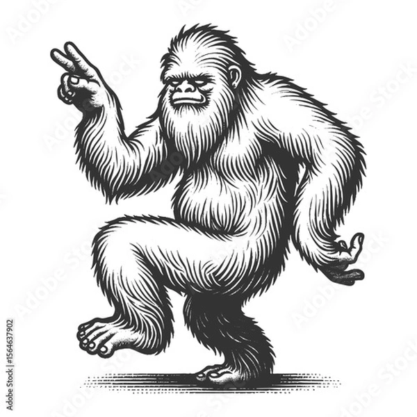 Fototapeta Dancing Yeti sketch engraving generative ai fictional character vector illustration. Scratch board imitation. Black and white image.
