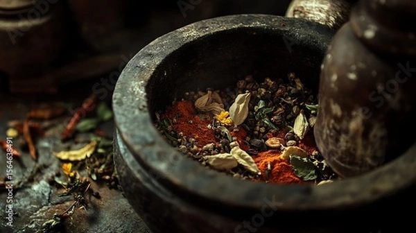 Fototapeta Rustic mortar and pestle with rich, colorful herbs and spices awaits grinding