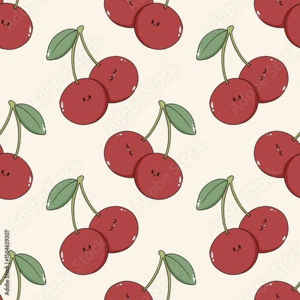Fototapeta kawaii cherry cartoon seamless repeat pattern