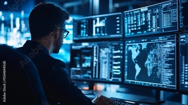 Fototapeta Cybersecurity Analyst Monitoring Global Data Streams and Threat Detection