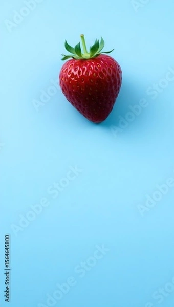 Fototapeta Close-up of a ripe strawberry centered on a smooth blue gradient. Glossy red skin, recessed seeds, fresh green calyx, and soft light create depth, texture, and contrast.

