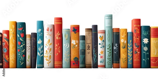 Fototapeta Varied book spines diverse topics and styles, stylized bookshelf, vector illustration style isolated on a Transparent background, PNG file.