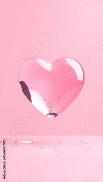 Fototapeta Digital art of a glossy glass heart off-center on a pink gradient. Sparkles float inside; gold flecks shimmer around. Smooth, reflective, and romantic in a soft minimalist style.

