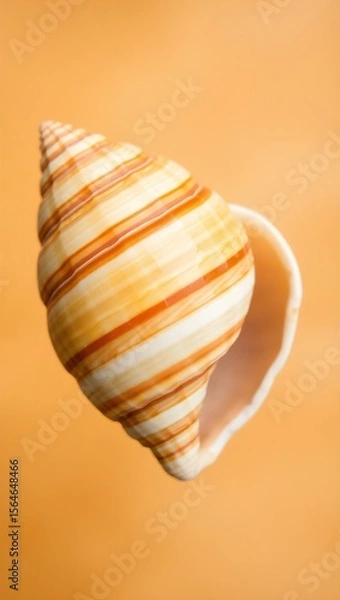 Fototapeta Close-up of a spiraled seashell on a warm blurred background. Glossy ridges in orange, brown, and cream tones. Centered composition highlights texture, color, and form.

