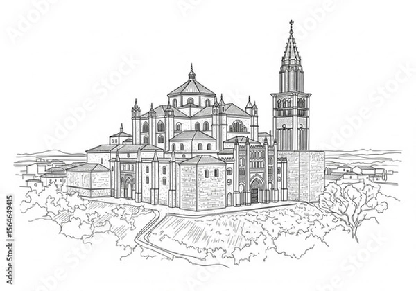 Fototapeta Cristo de la Luz Mosque in Toledo one line drawing